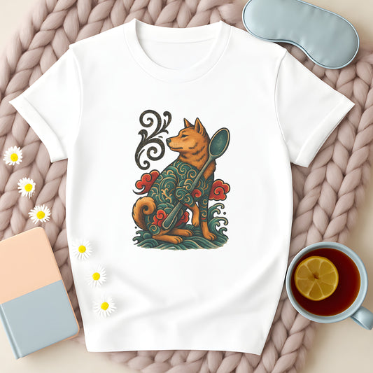 Japanese Retro-Inspired Tattoo Dog with Spoon T-Shirt