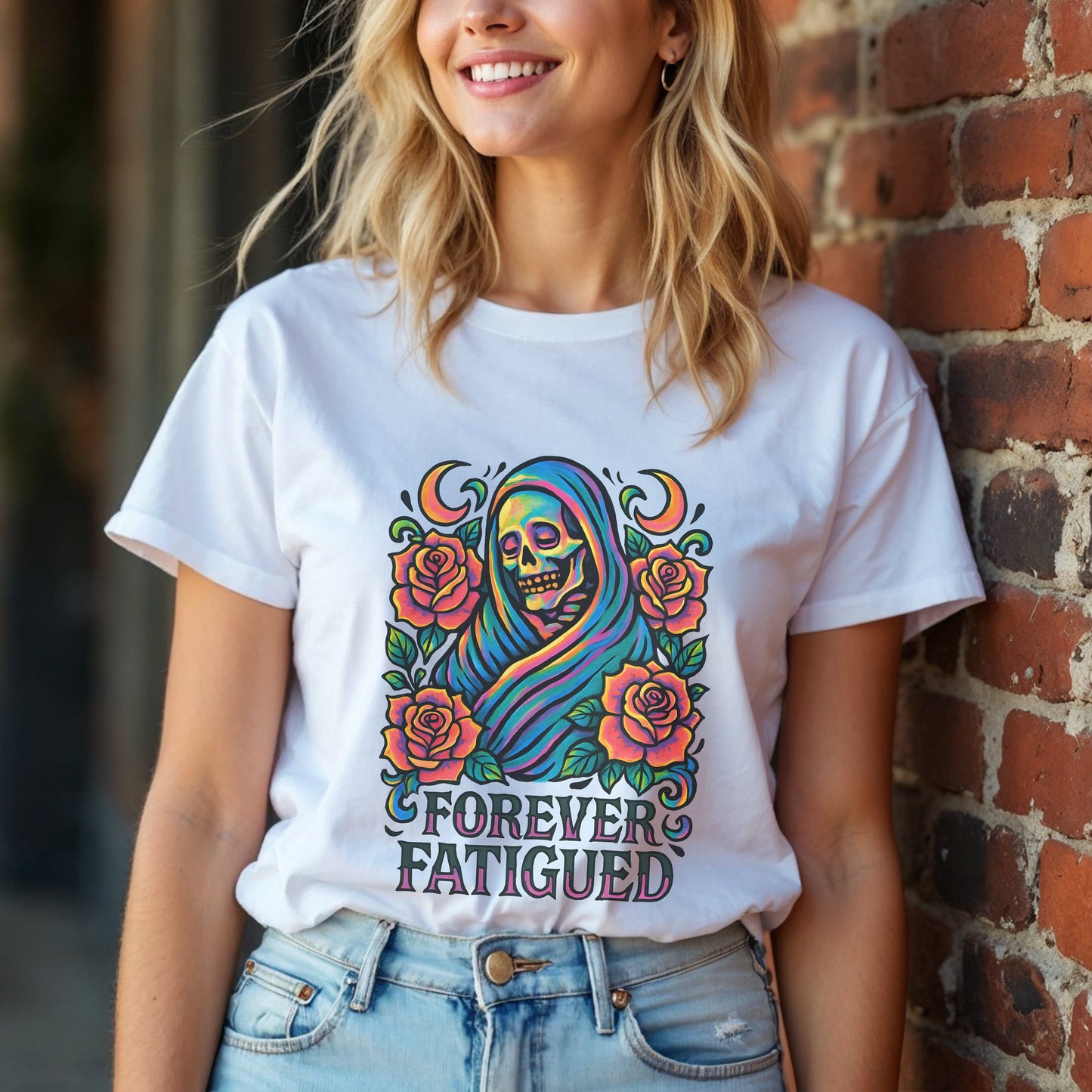 Forever Fatigued Neon Skeleton Rose Gothic T-Shirt