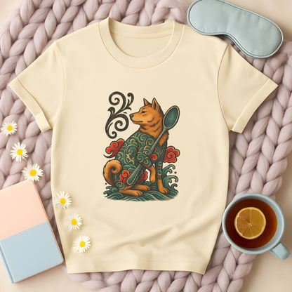 Japanese Retro-Inspired Tattoo Dog with Spoon T-Shirt