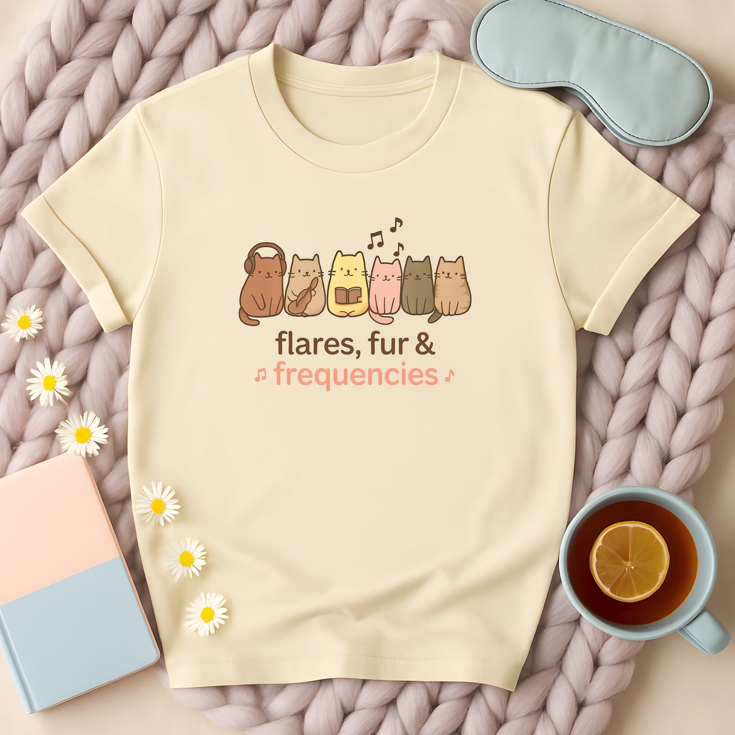 Flares, Fur And Frequencies Musical Cats T-Shirt