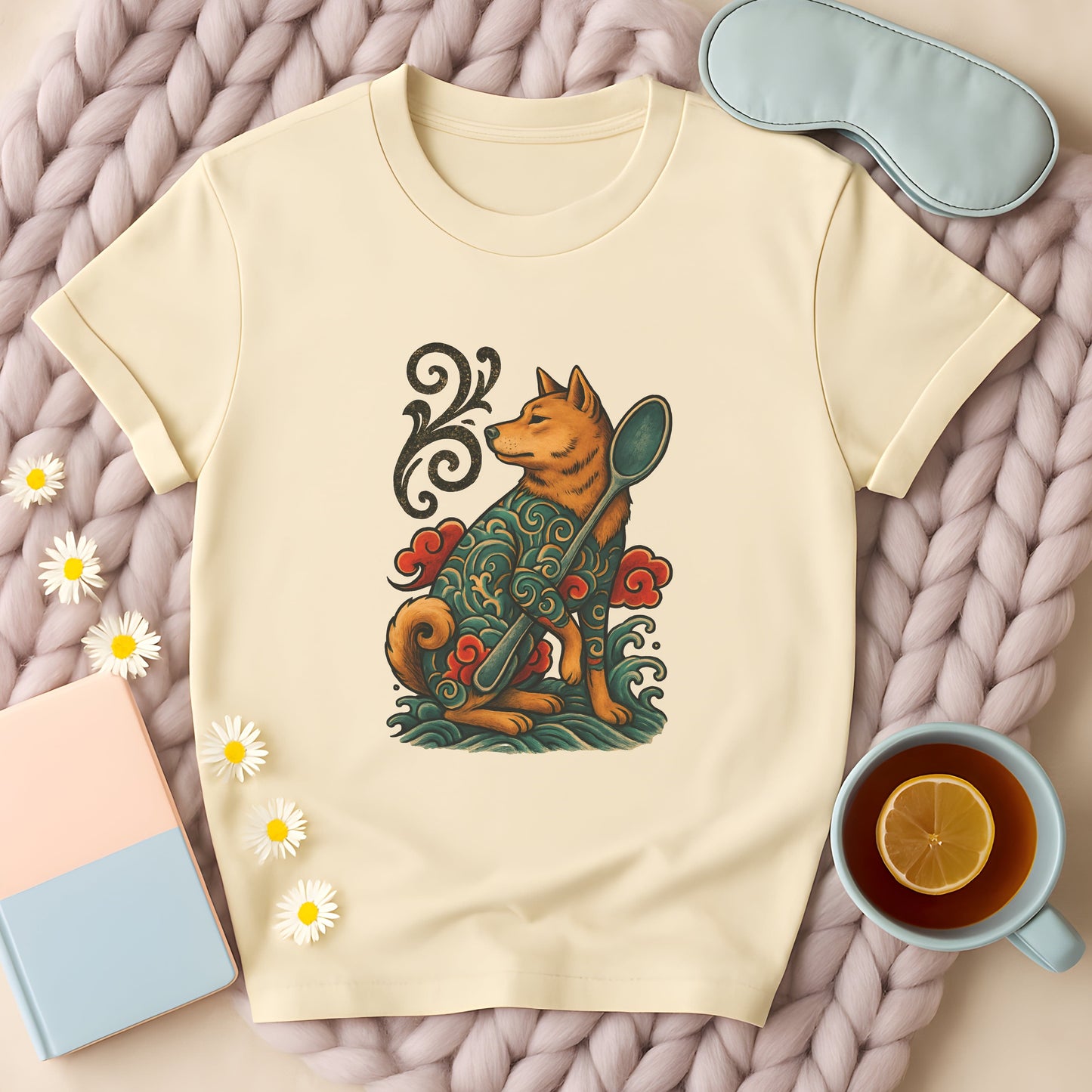 Japanese Retro-Inspired Tattoo Dog with Spoon T-Shirt