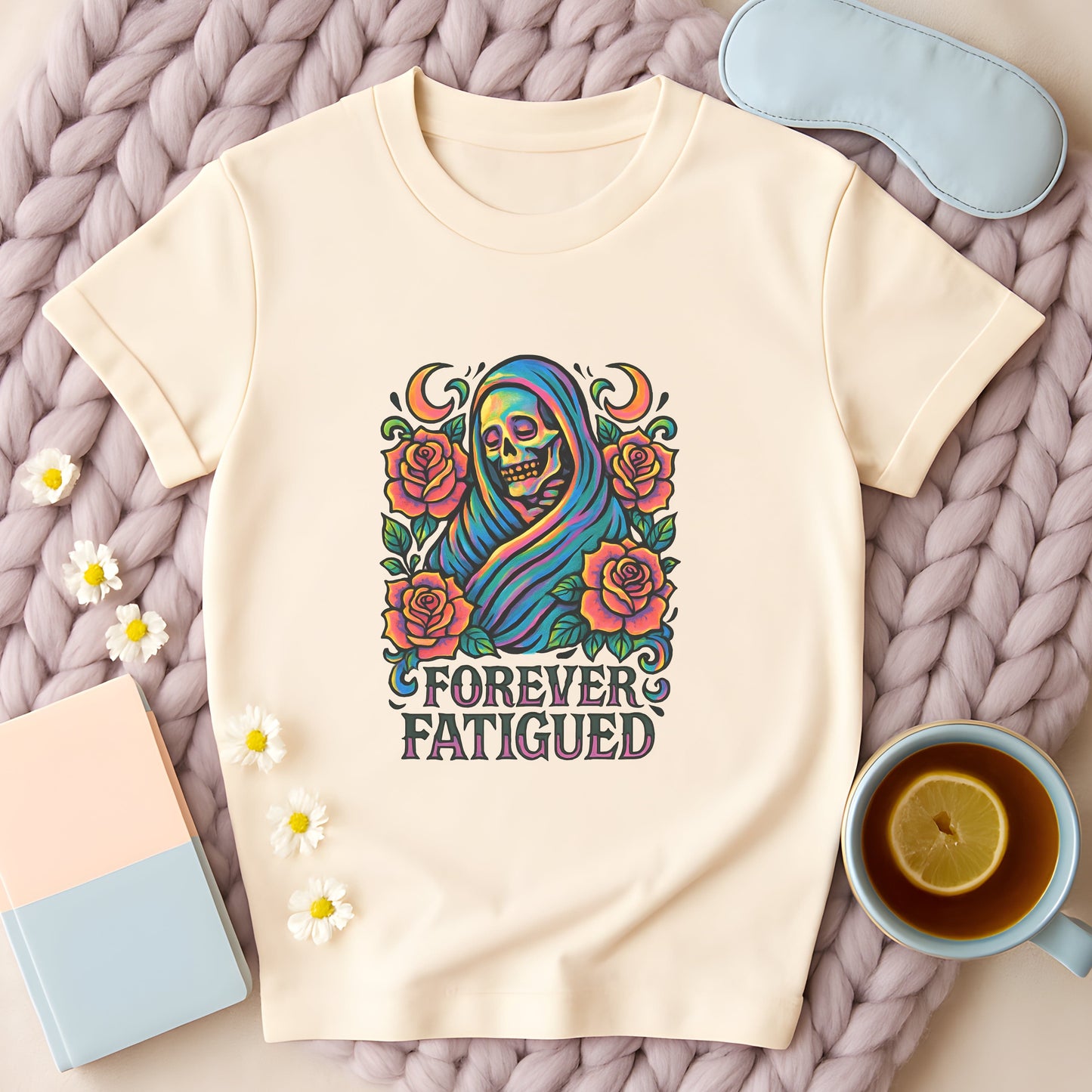 Forever Fatigued Neon Skeleton Rose Gothic T-Shirt