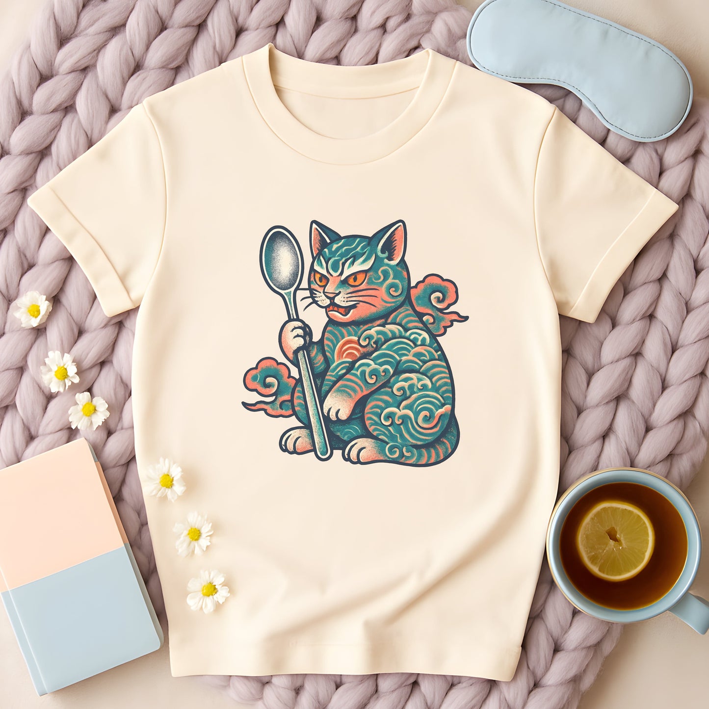 Japanese Retro-Inspired Tattoo Cat with Spoon T-Shirt