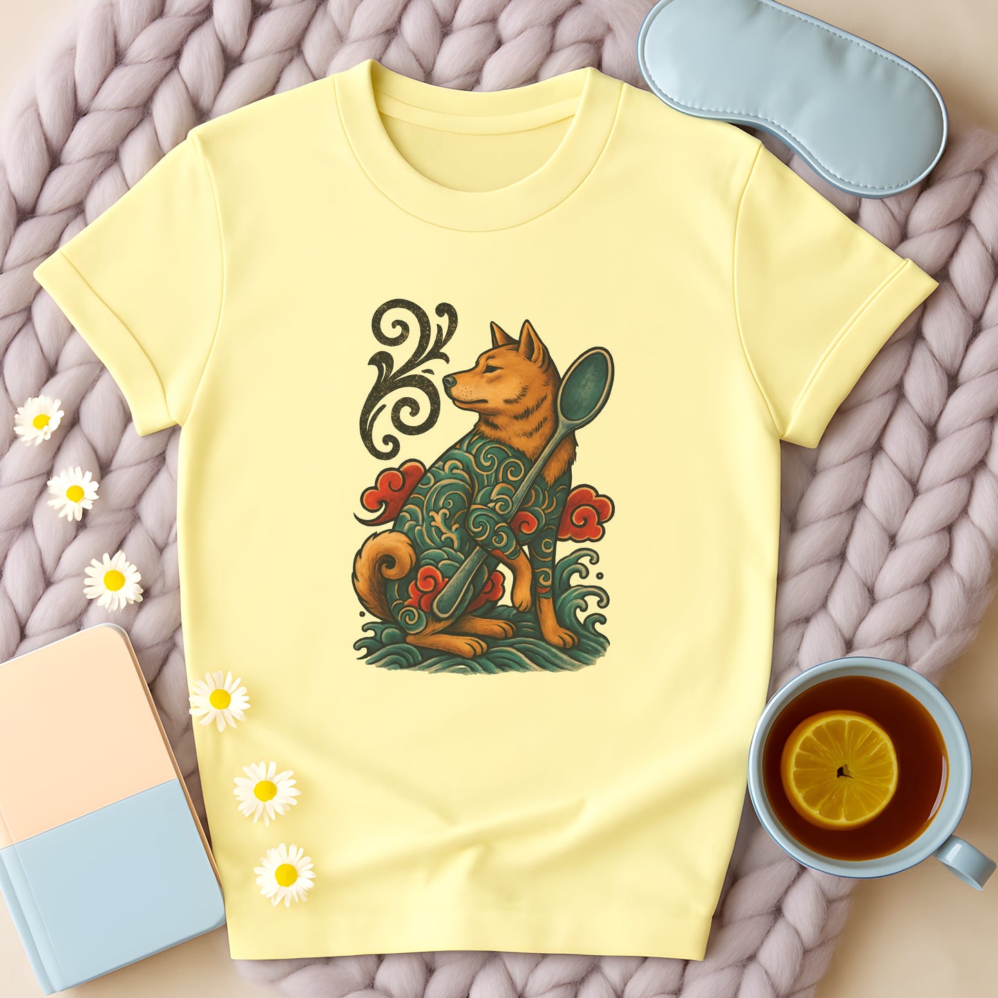 Japanese Retro-Inspired Tattoo Dog with Spoon T-Shirt