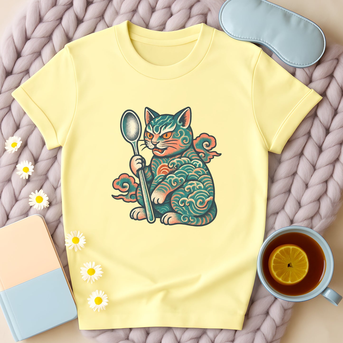 Japanese Retro-Inspired Tattoo Cat with Spoon T-Shirt