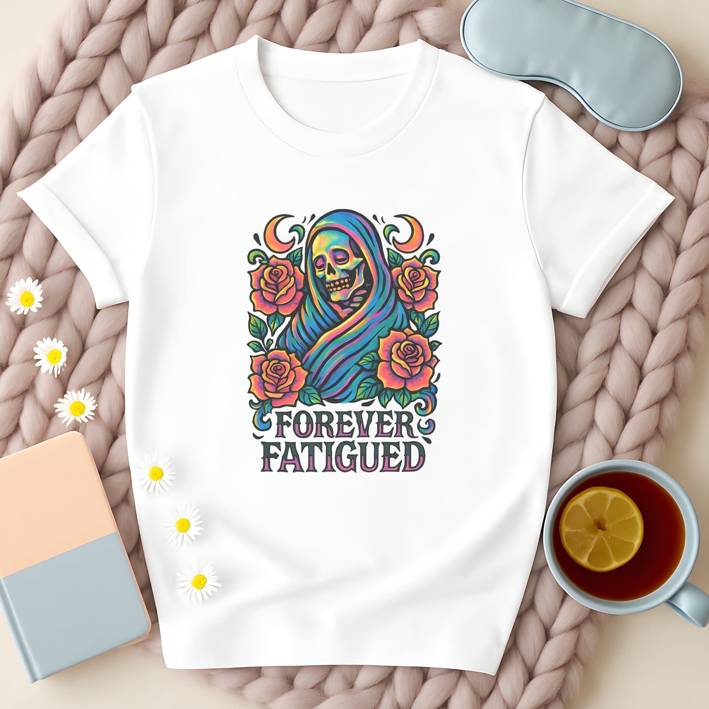 Forever Fatigued Neon Skeleton Rose Gothic T-Shirt