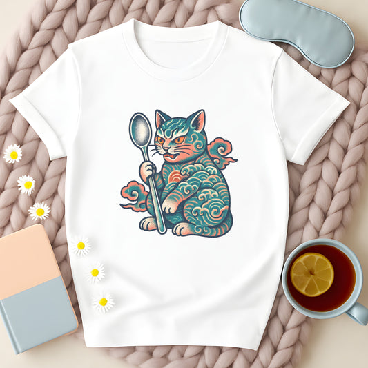 Japanese Retro-Inspired Tattoo Cat with Spoon T-Shirt