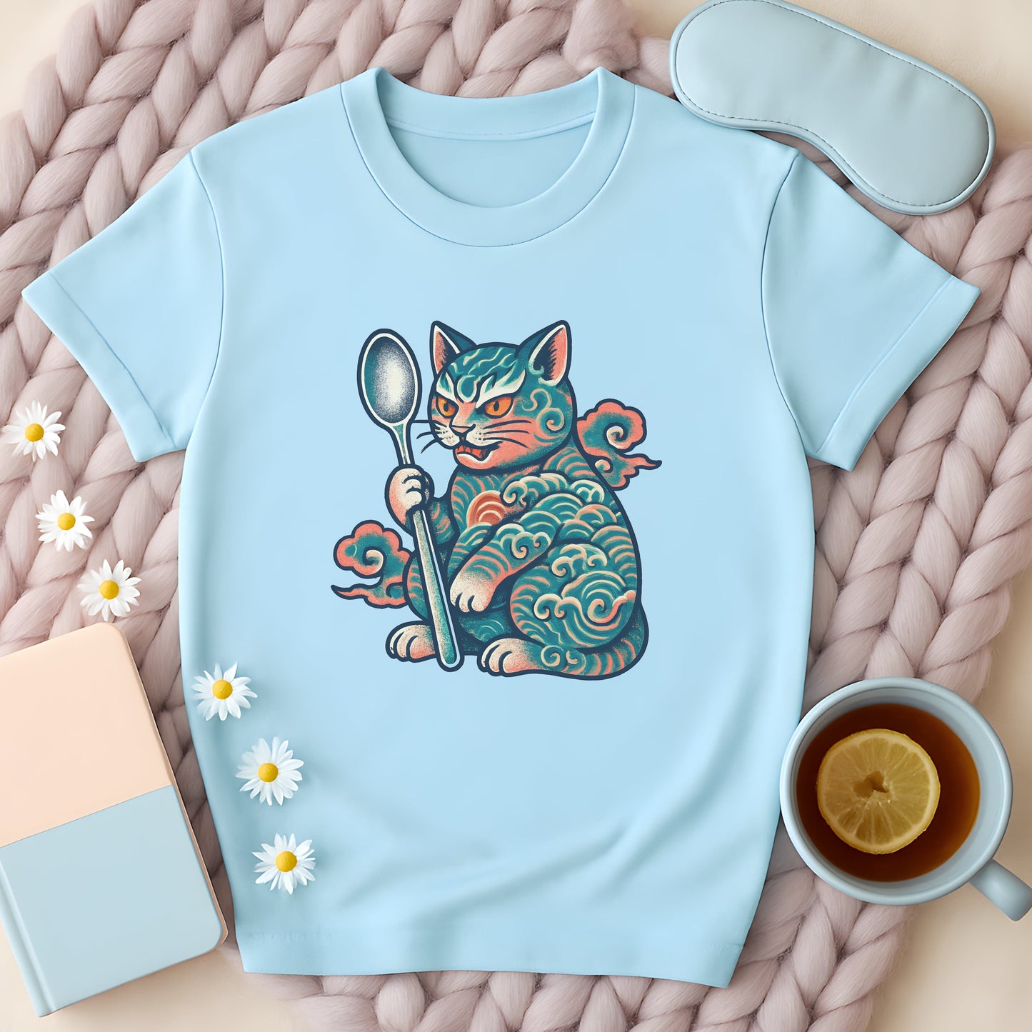 Japanese Retro-Inspired Tattoo Cat with Spoon T-Shirt