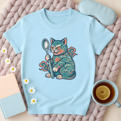Japanese Retro-Inspired Tattoo Cat with Spoon T-Shirt