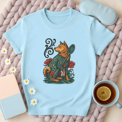 Japanese Retro-Inspired Tattoo Dog with Spoon T-Shirt