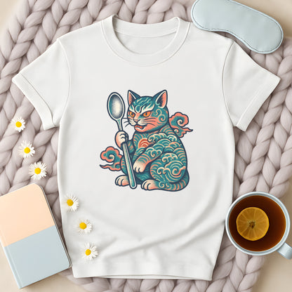 Japanese Retro-Inspired Tattoo Cat with Spoon T-Shirt