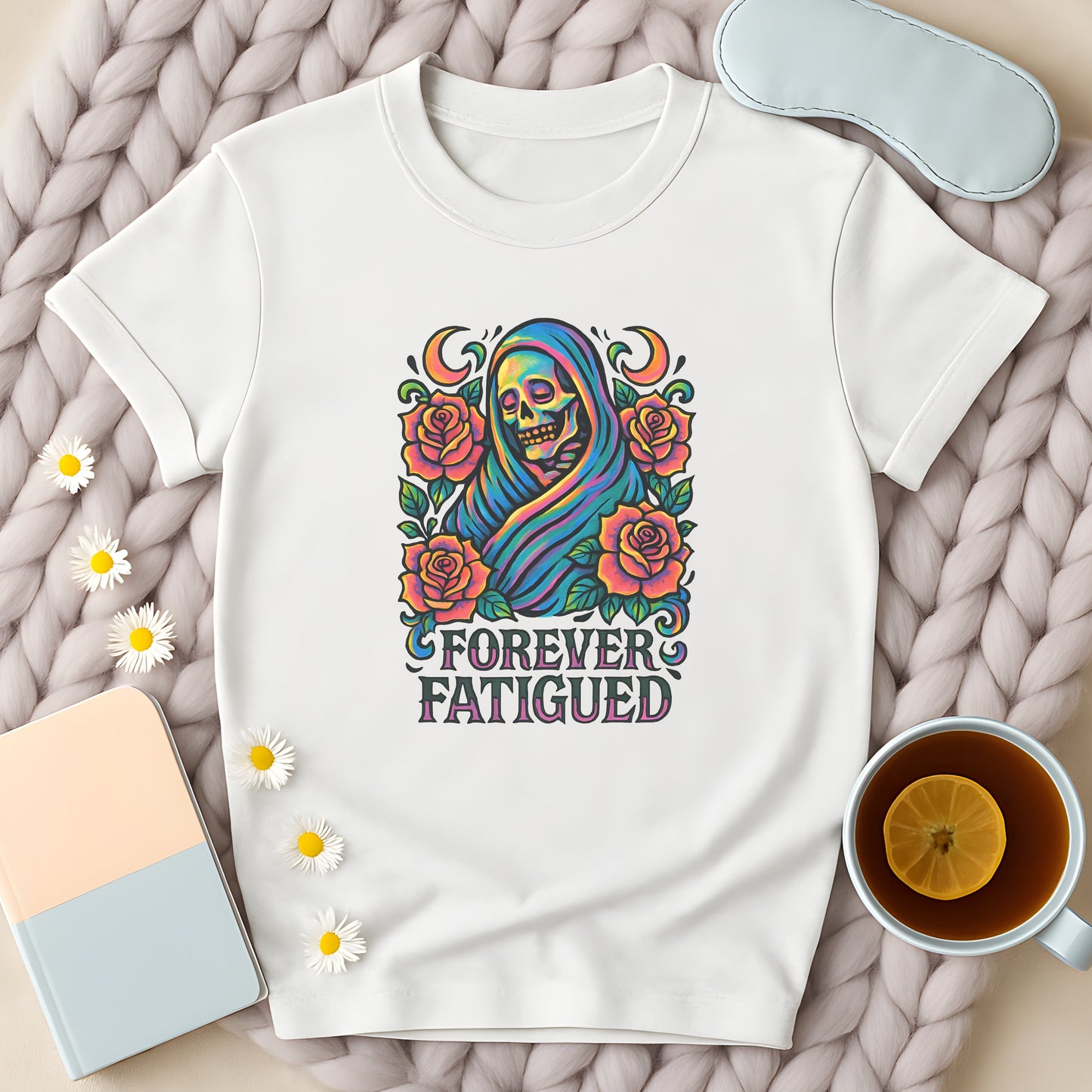 Forever Fatigued Neon Skeleton Rose Gothic T-Shirt