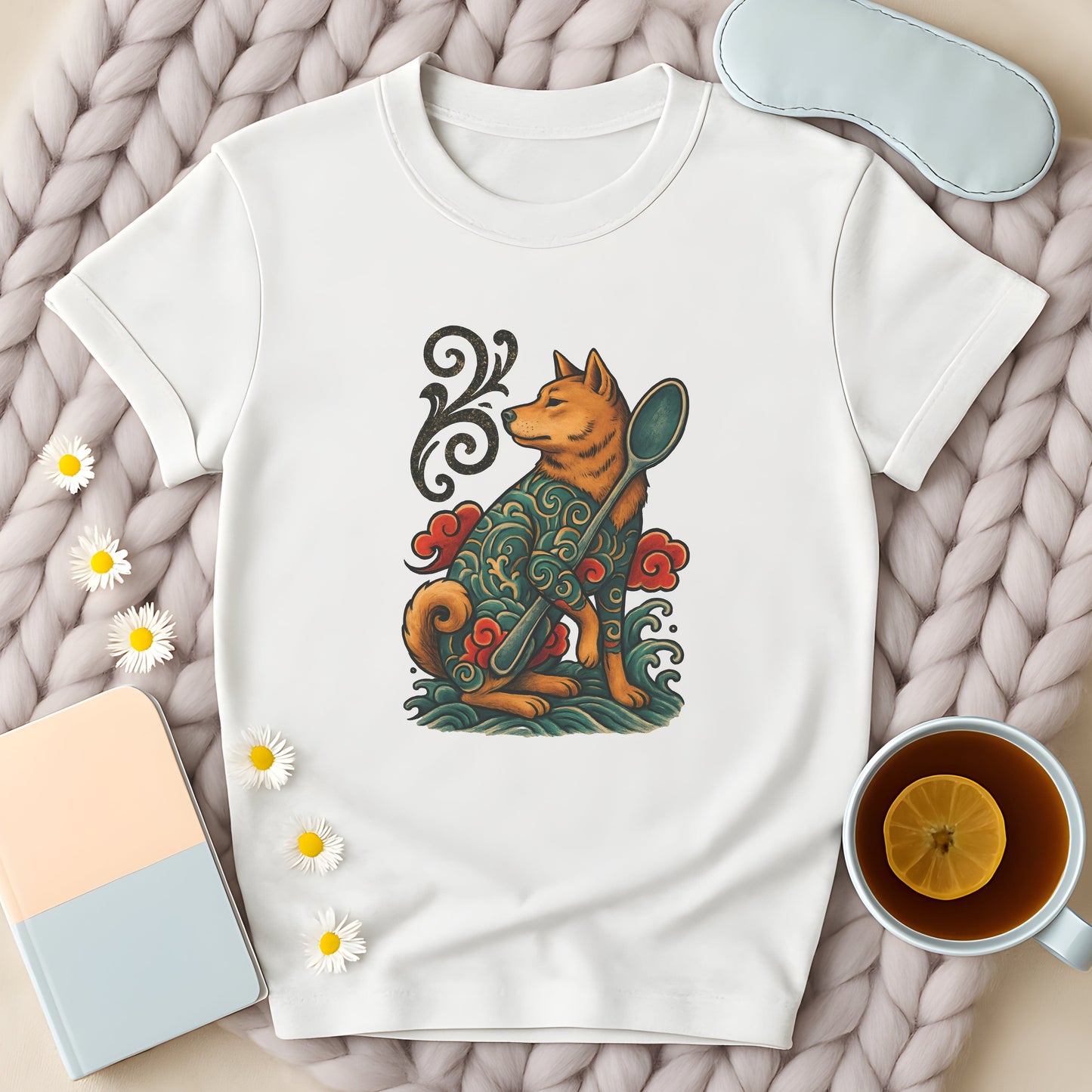 Japanese Retro-Inspired Tattoo Dog with Spoon T-Shirt