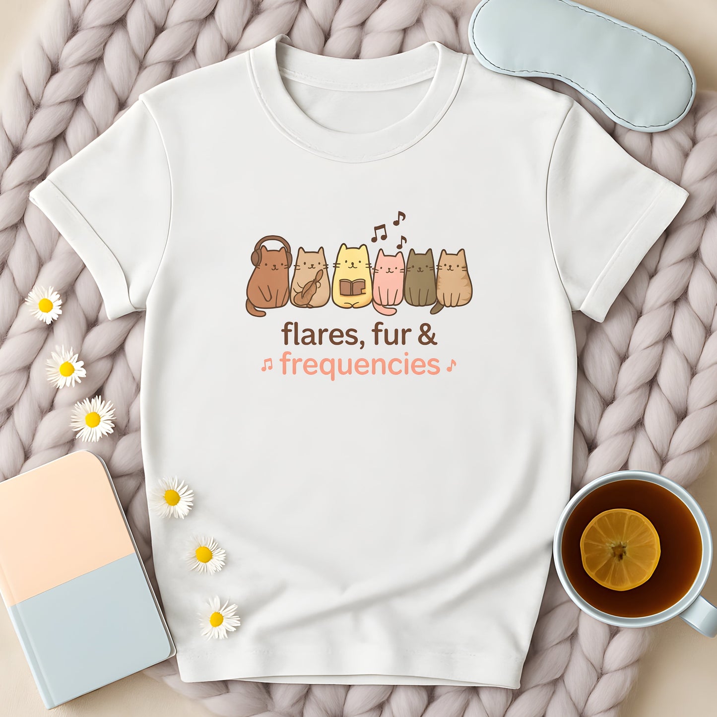 Flares, Fur And Frequencies Musical Cats T-Shirt