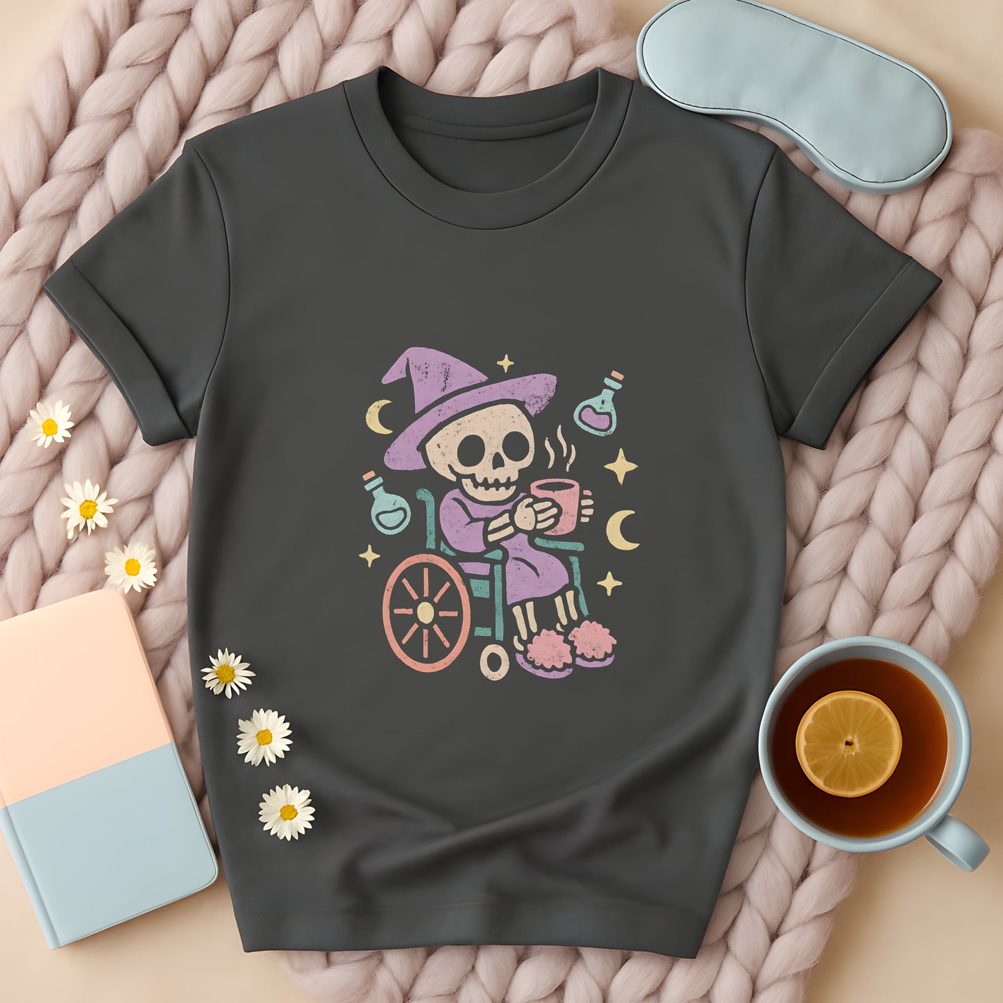 Cozy Witch Skeleton Wheelchair T-Shirt