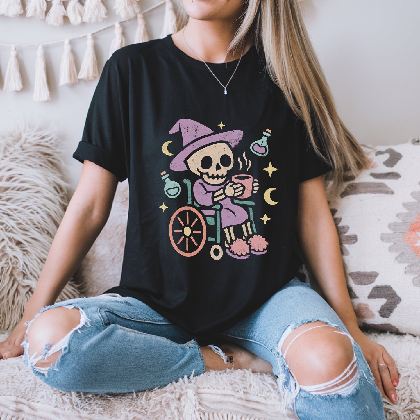 Cozy Witch Skeleton Wheelchair T-Shirt