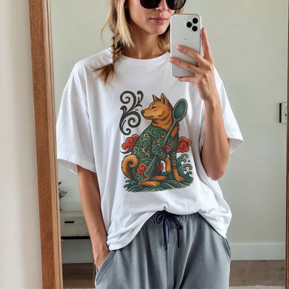 Japanese Retro-Inspired Tattoo Dog with Spoon T-Shirt