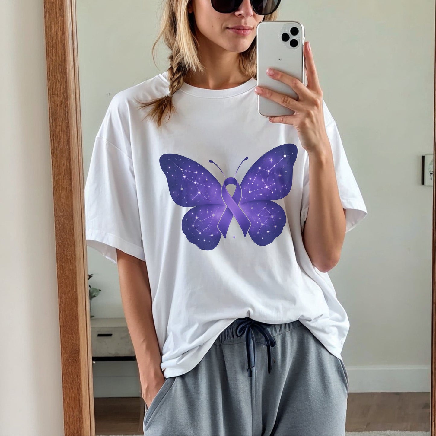 Cosmic Purple Ribbon Awareness Butterfly T-Shirt