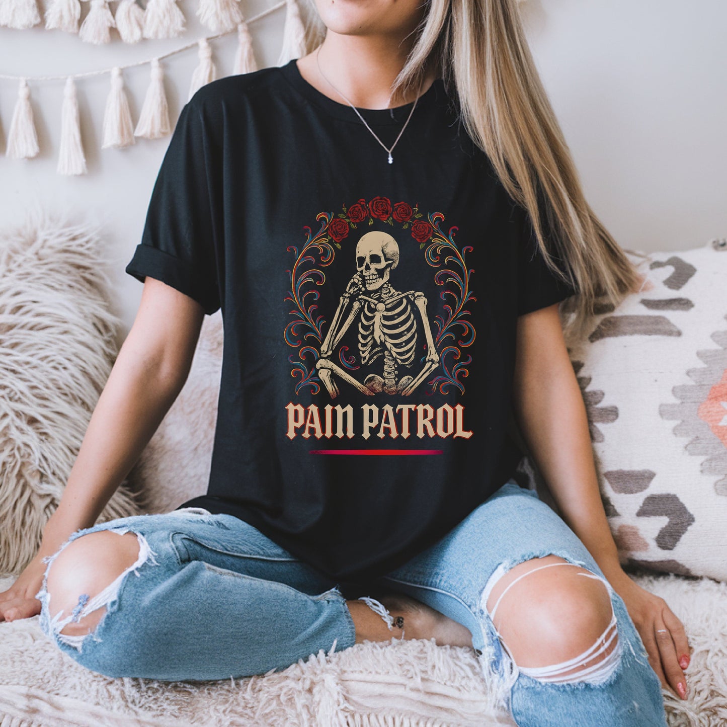 Pain Patrol Skeleton Rose Gothic T-Shirt