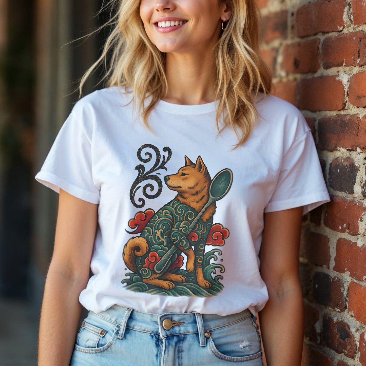 Japanese Retro-Inspired Tattoo Dog with Spoon T-Shirt