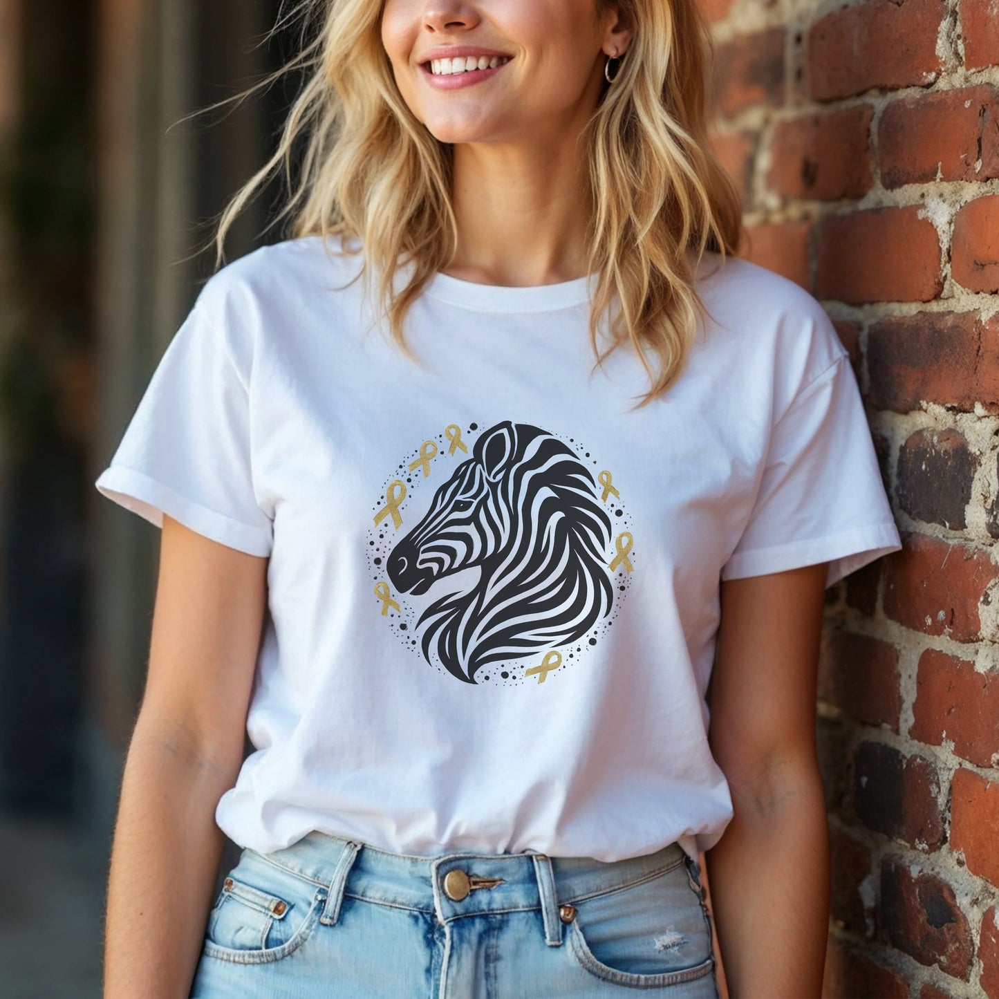 Zebra Head With Gold Awareness Ribbons T-Shirt