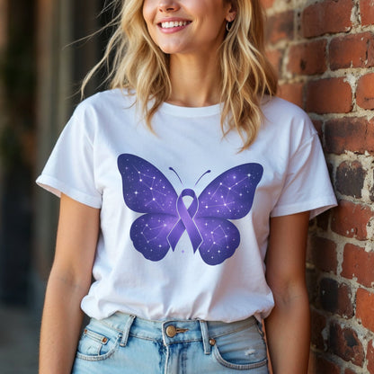 Cosmic Purple Ribbon Awareness Butterfly T-Shirt